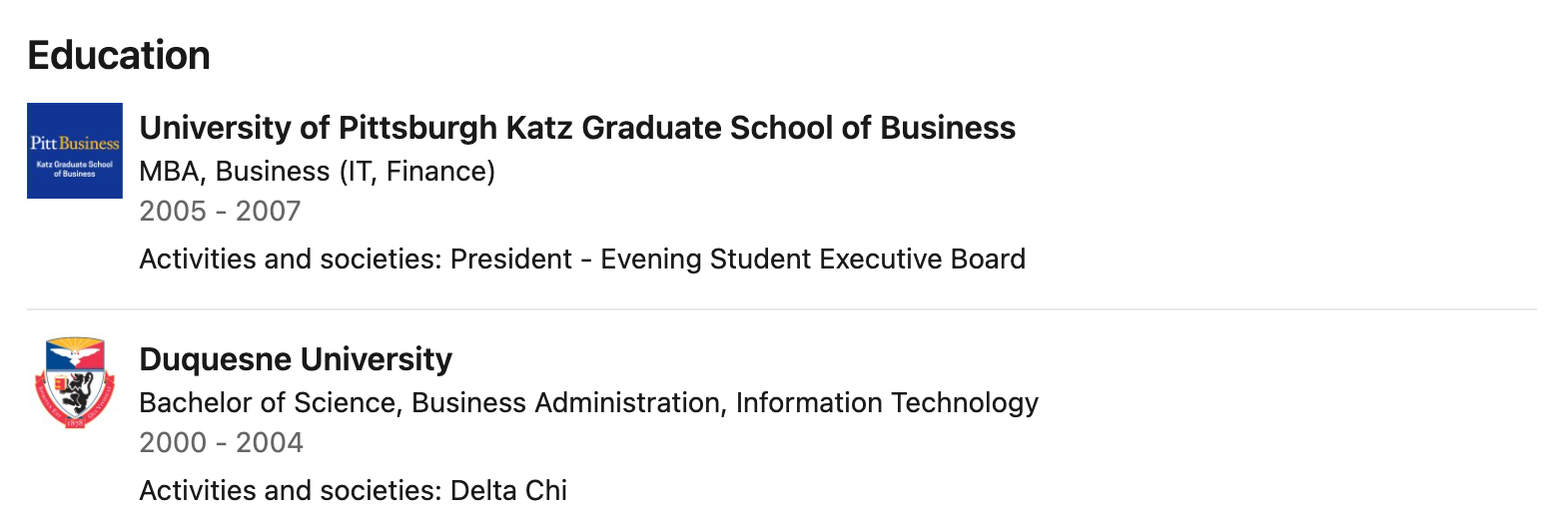 Example of CEO LinkedIn profile Education section showing University of Pittsburgh Katz Graduate School of Business and Duquesne University.