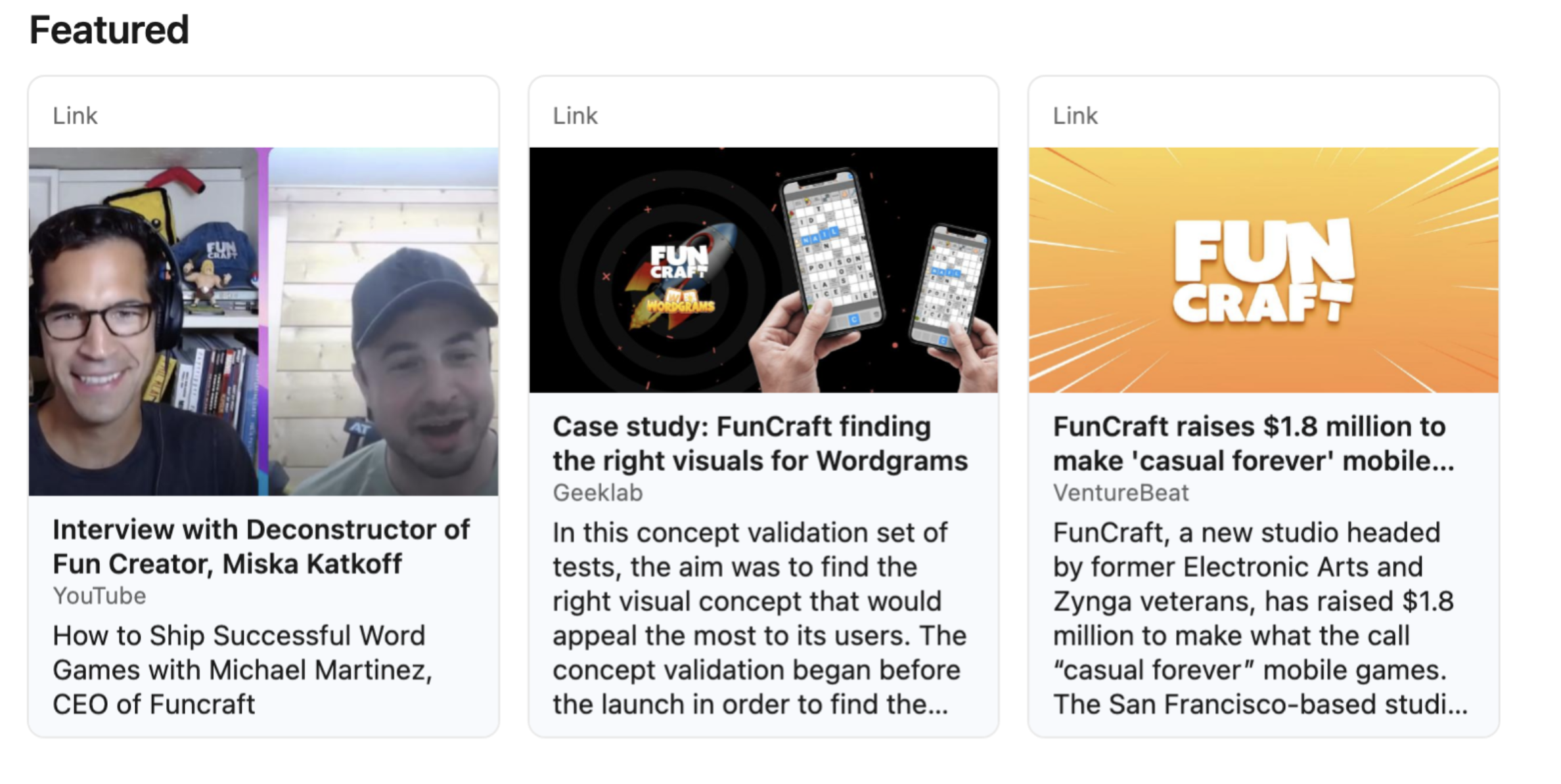 Screenshot of example LinkedIn Featured section of news stories on the CEO of Funcraft.
