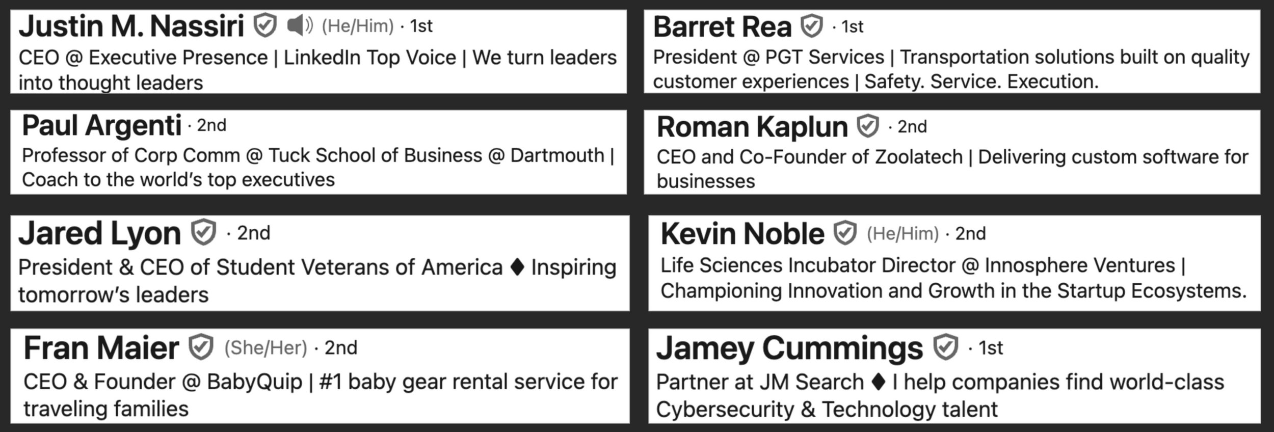 A collage of eight CEO LinkedIn profile headlines.