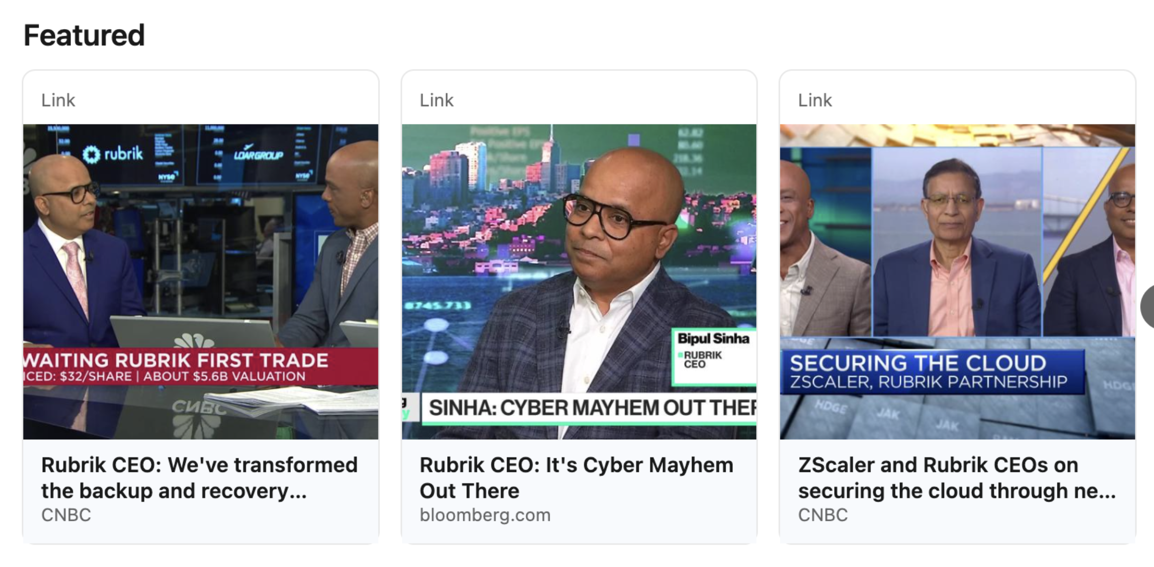 Screenshot of example LinkedIn Feature section with three links to news stores on the Rubrik CEO.
