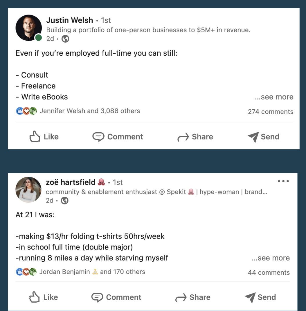 Justin Welsh and Zeo Hartsfield post screenshot