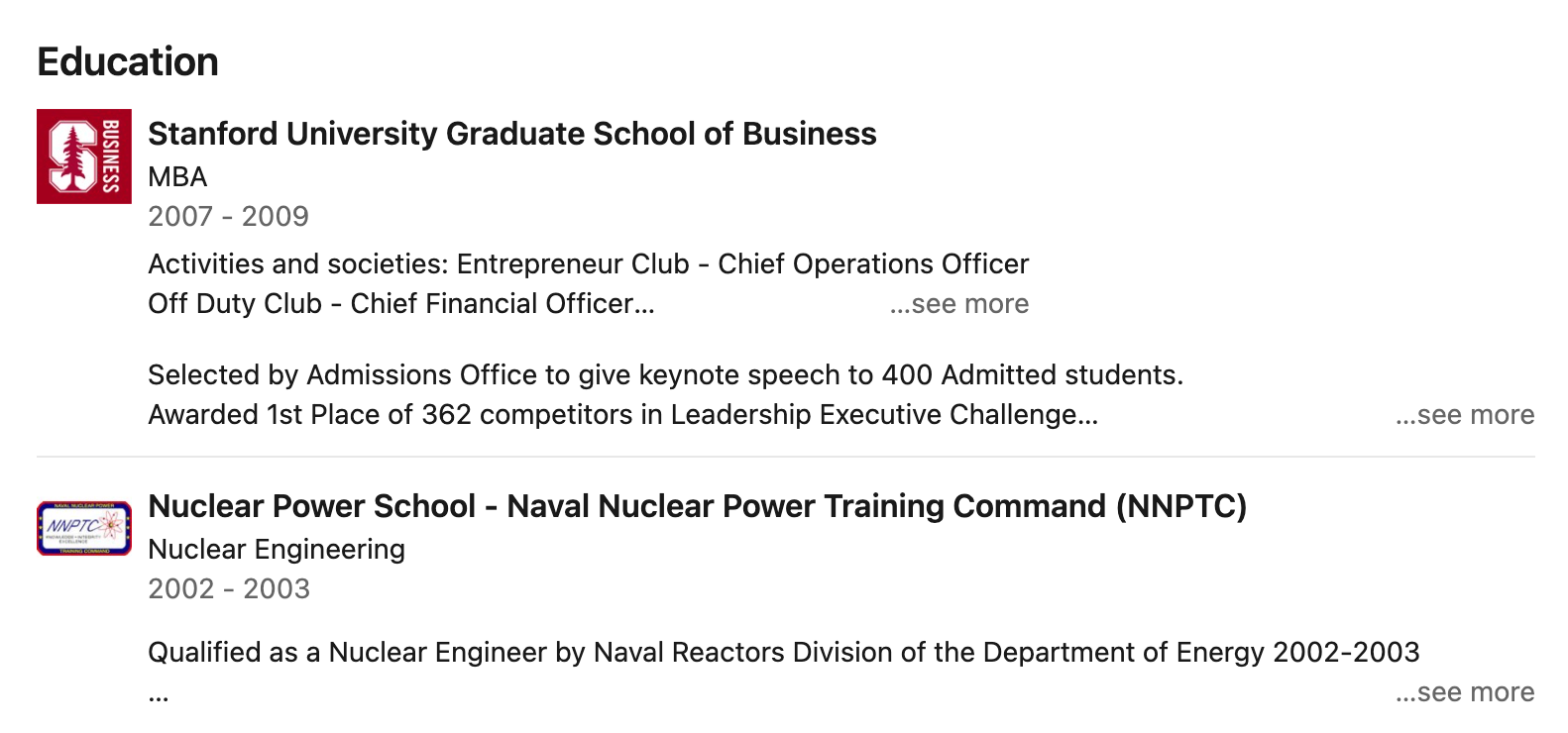Example of CEO LinkedIn profile Education section showing Stanford University Graduate School of Business and Nuclear Power School, Naval Nuclear Power Training Command (NNPTC).