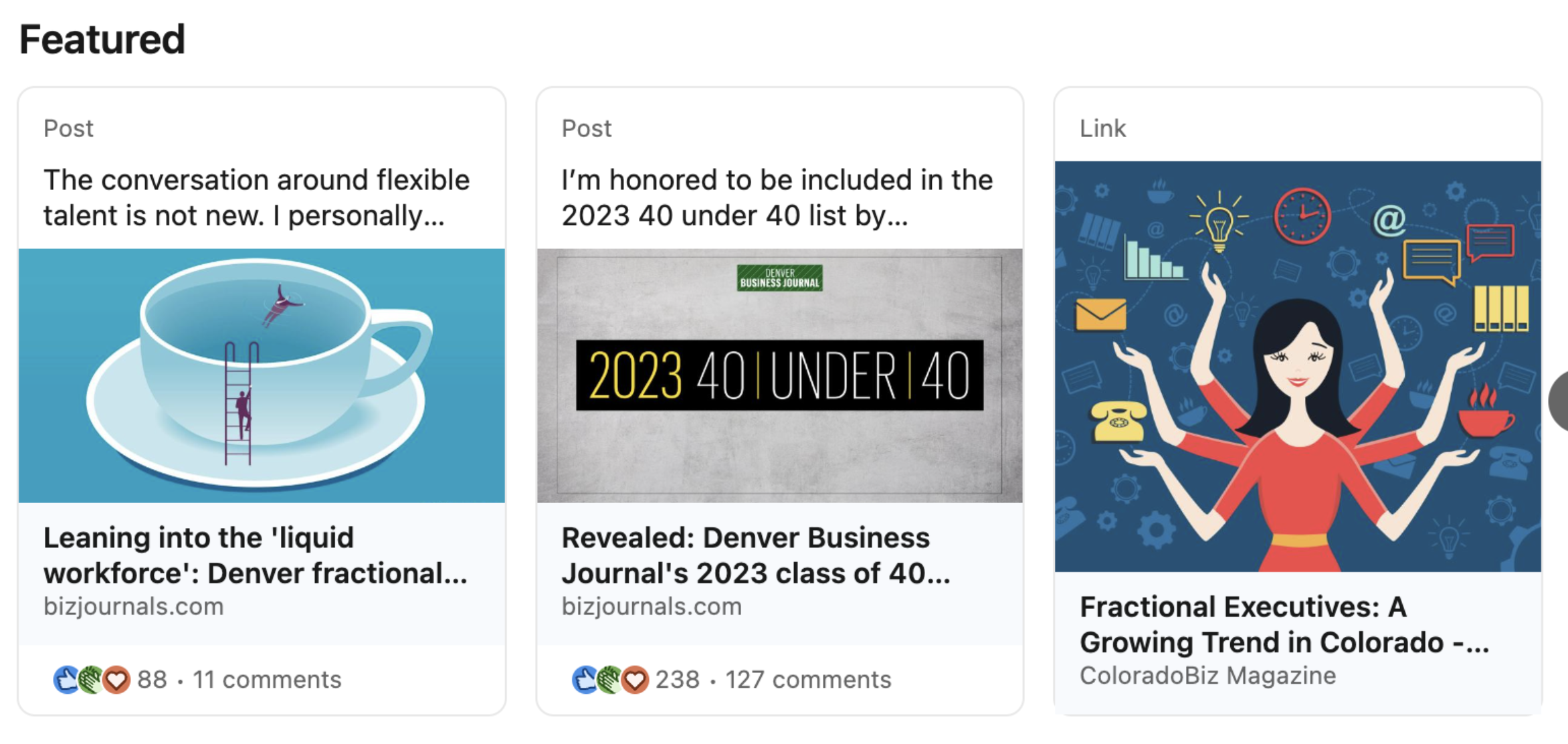 Screenshot of LinkedIn Feature section with links from business focused sources on fractional CEOs.
