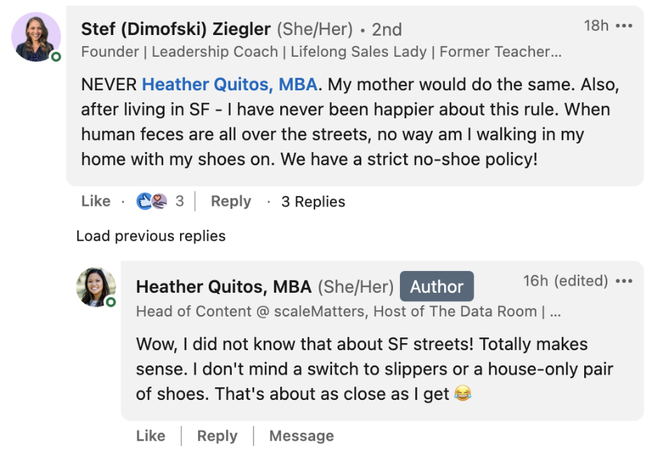 Stef Post screenshot with Heather Quitos comment