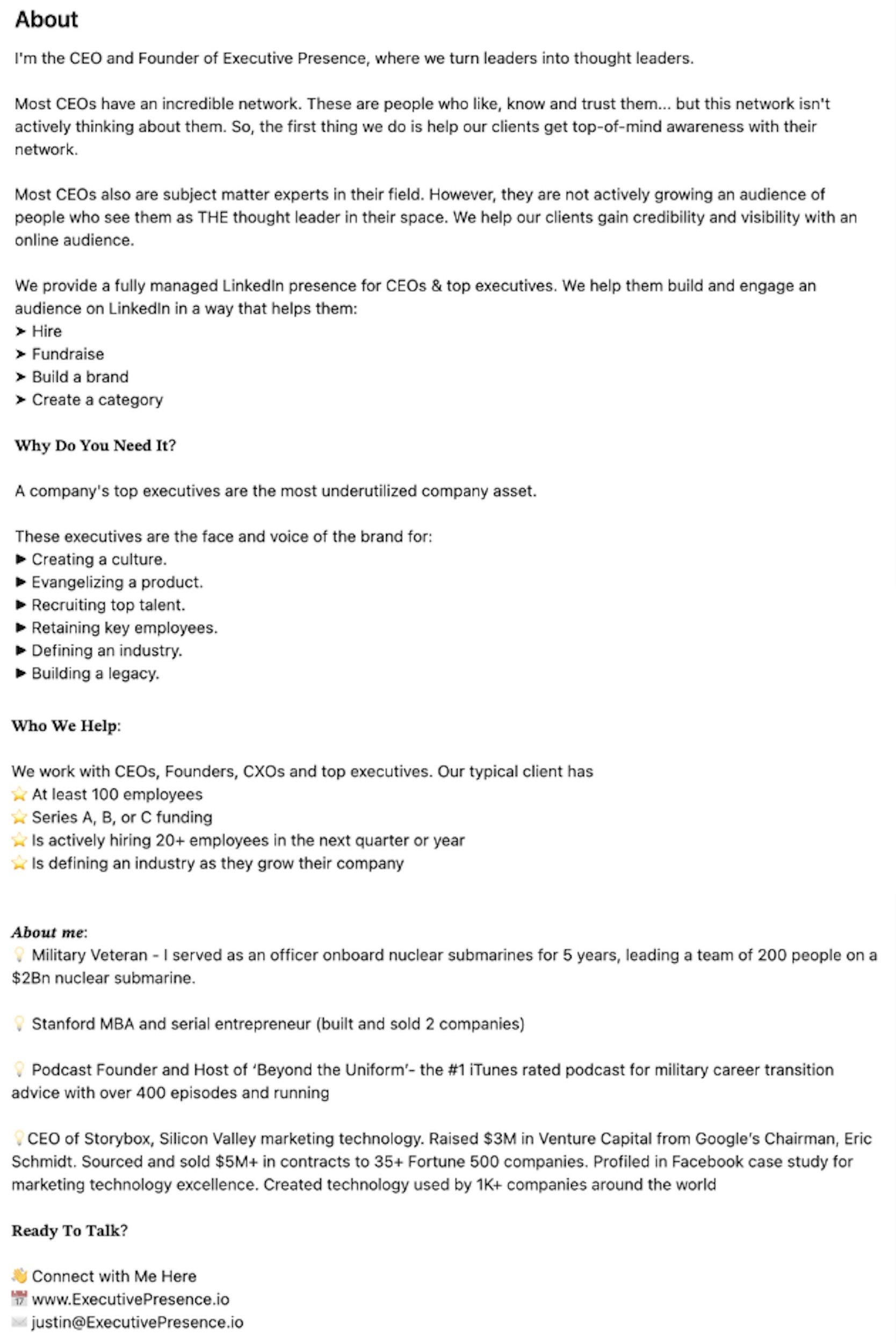 Example of CEO LinkenIn profile About section from Justin Nassiri at Executive Presence.