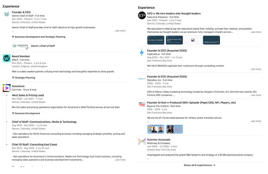 Examples of CEO LinkedIn profile experience section.