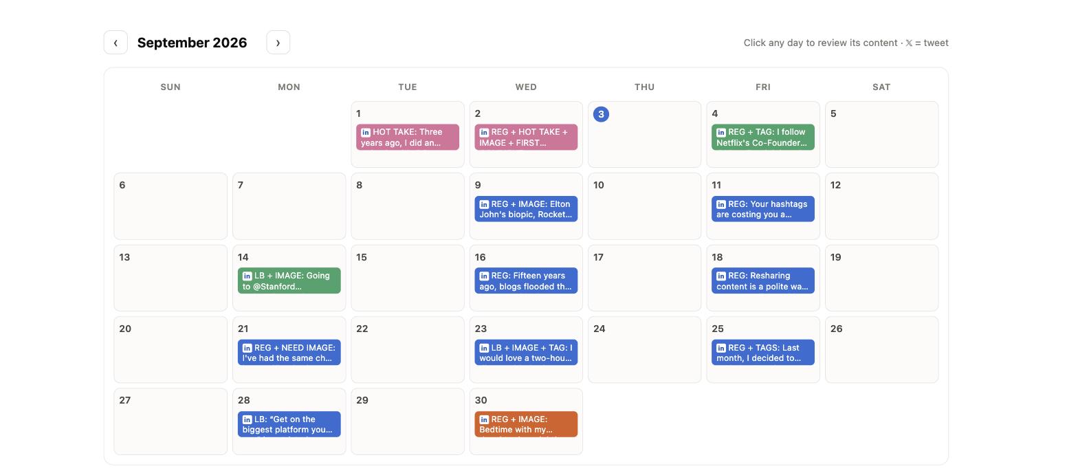 Client dashboard content calendar colour coded by content pillar